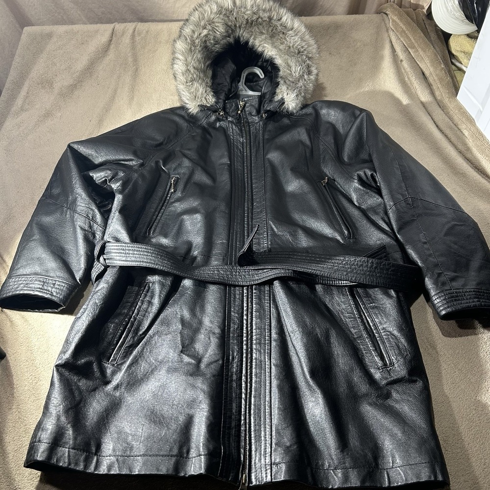 Wilsons The Leather Experts Black Faux Fur Hooded Belted Parka Womens L